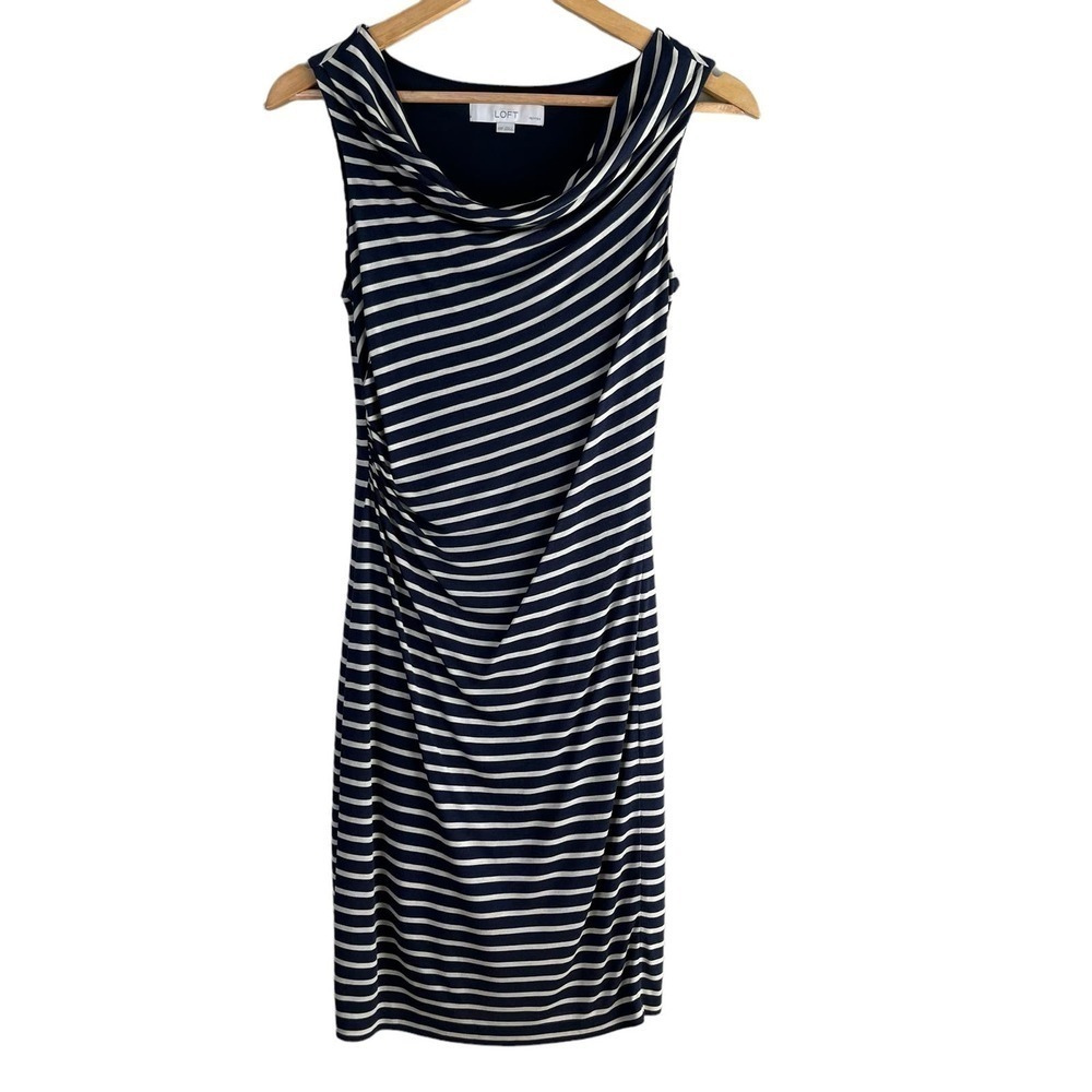 Ann Taylor LOFT‎ Cowl Neck Ruched Navy Stripe Sleeveless Sheath Dress, XXSP